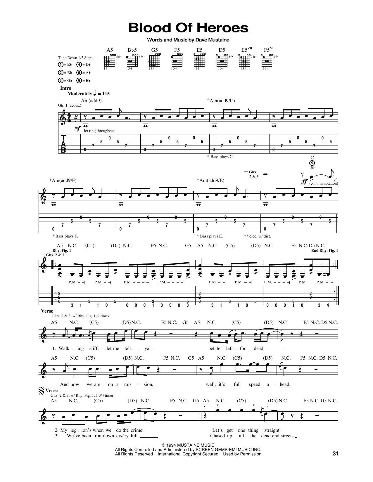 Megadeth Blood Of Heroes Sheet Music Notes & Chords for Guitar Tab - Download or Print PDF