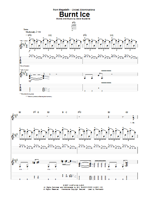 Megadeth Burnt Ice Sheet Music Notes & Chords for Guitar Tab - Download or Print PDF