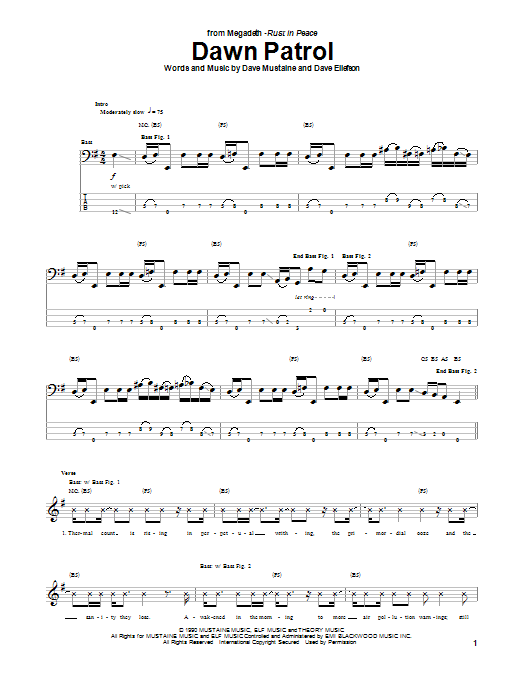 Megadeth Dawn Patrol Sheet Music Notes & Chords for Bass Guitar Tab - Download or Print PDF
