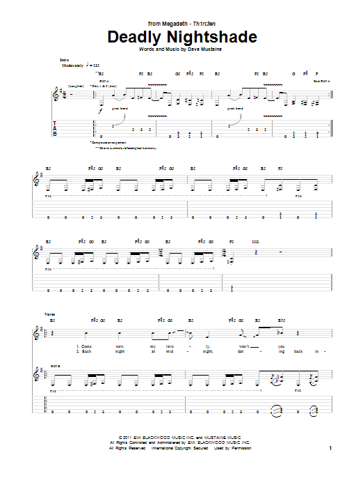 Megadeth Deadly Nightshade Sheet Music Notes & Chords for Guitar Tab - Download or Print PDF