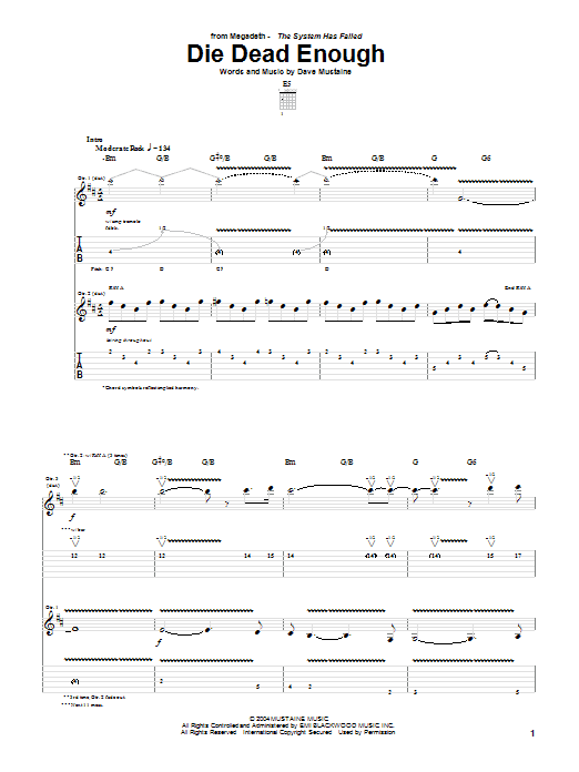 Megadeth Die Dead Enough Sheet Music Notes & Chords for Guitar Tab - Download or Print PDF