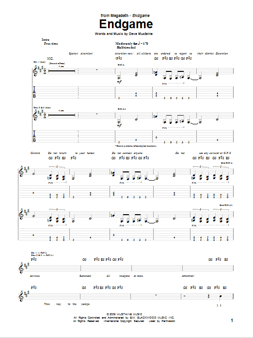Megadeth Endgame Sheet Music Notes & Chords for Guitar Tab - Download or Print PDF