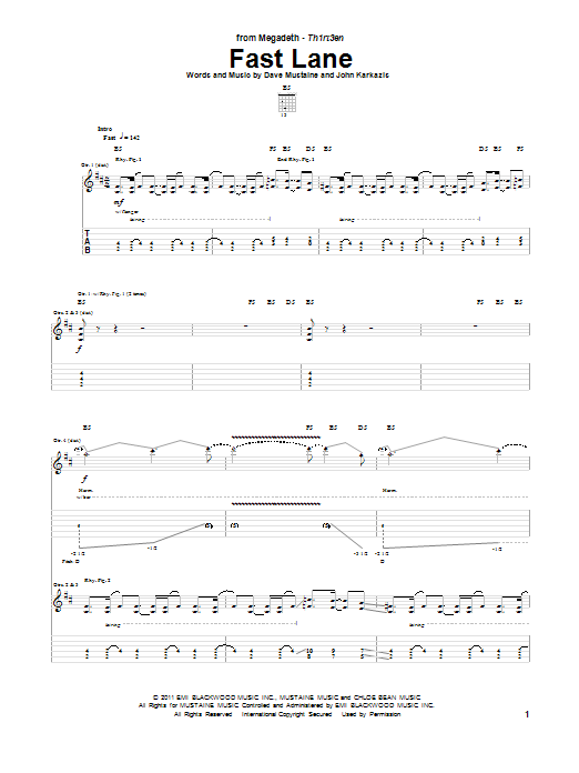 Megadeth Fast Lane Sheet Music Notes & Chords for Guitar Tab - Download or Print PDF