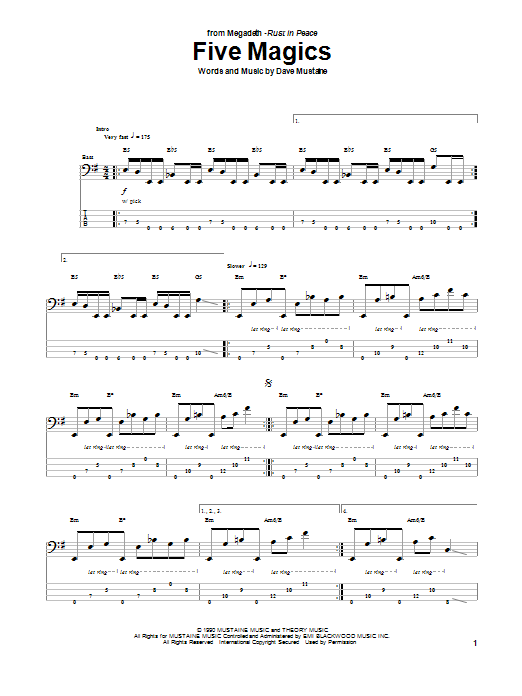 Megadeth Five Magics Sheet Music Notes & Chords for Bass Guitar Tab - Download or Print PDF