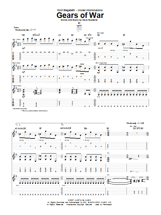 Megadeth Gears Of War Sheet Music Notes & Chords for Guitar Tab - Download or Print PDF