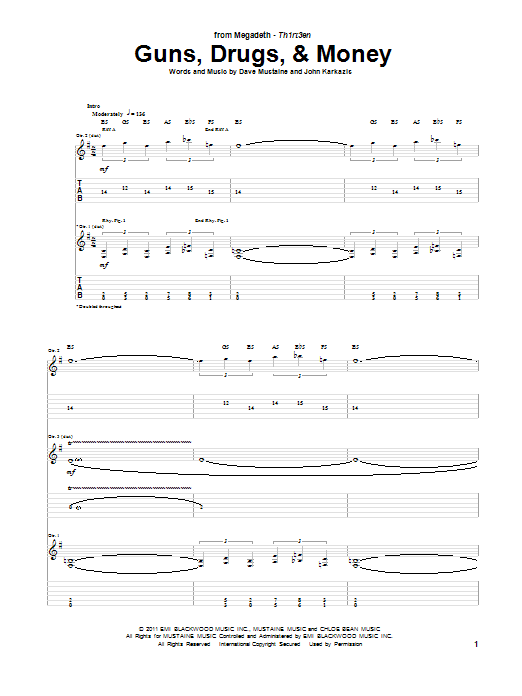 Megadeth Guns, Drugs, & Money Sheet Music Notes & Chords for Guitar Tab - Download or Print PDF