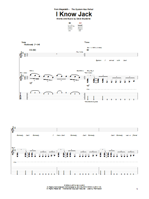 Megadeth I Know Jack Sheet Music Notes & Chords for Guitar Tab - Download or Print PDF