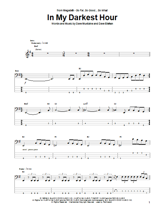 Megadeth In My Darkest Hour Sheet Music Notes & Chords for Bass Guitar Tab - Download or Print PDF