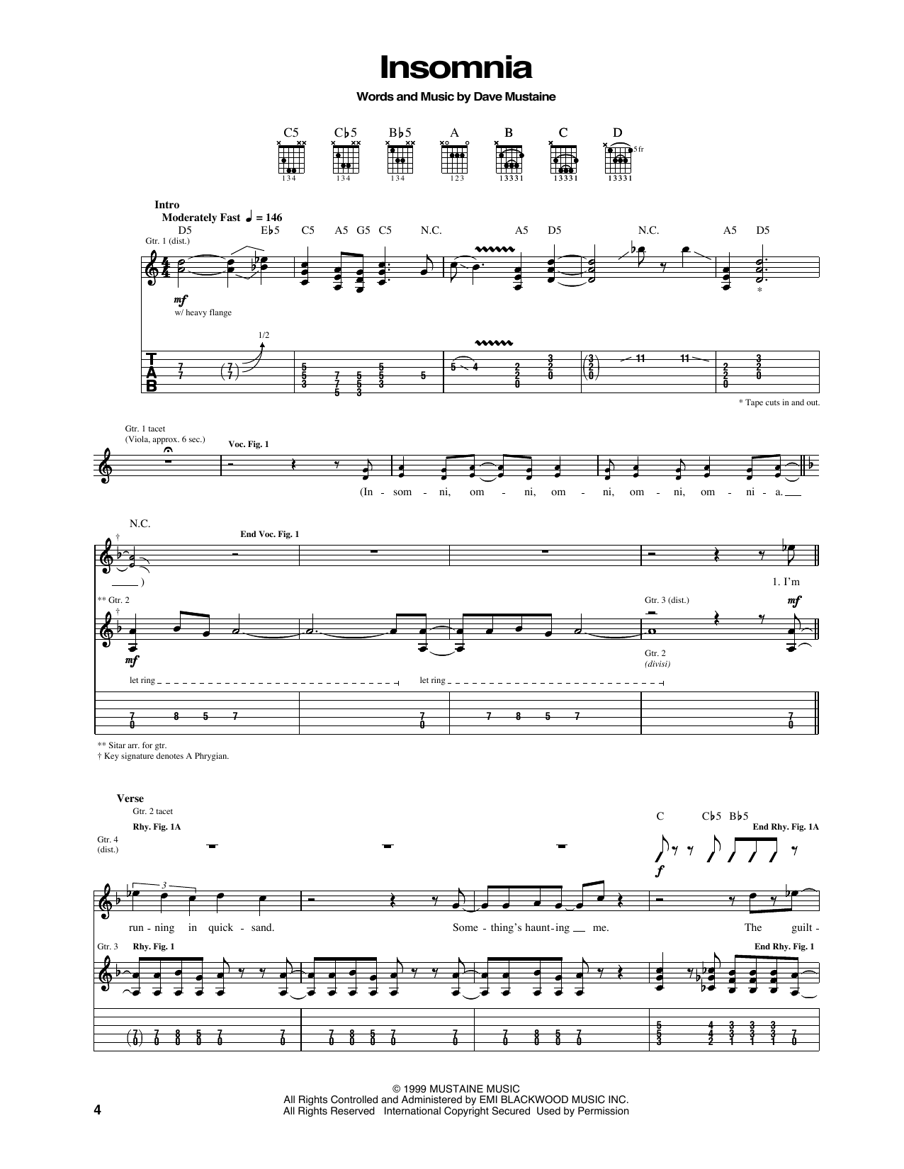 Megadeth Insomnia Sheet Music Notes & Chords for Guitar Tab - Download or Print PDF