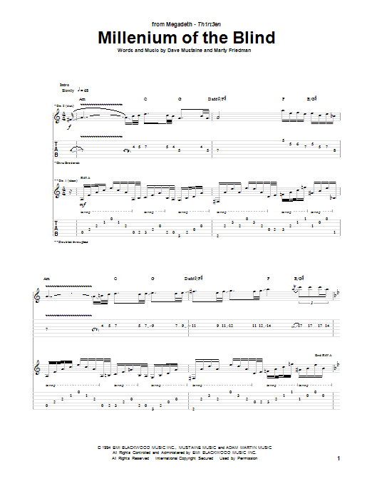 Megadeth Millenium Of The Blind Sheet Music Notes & Chords for Guitar Tab - Download or Print PDF