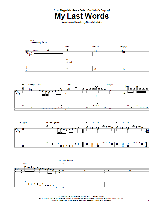 Megadeth My Last Words Sheet Music Notes & Chords for Bass Guitar Tab - Download or Print PDF