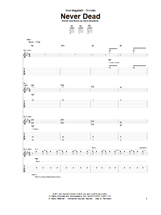 Megadeth Never Dead Sheet Music Notes & Chords for Guitar Tab - Download or Print PDF