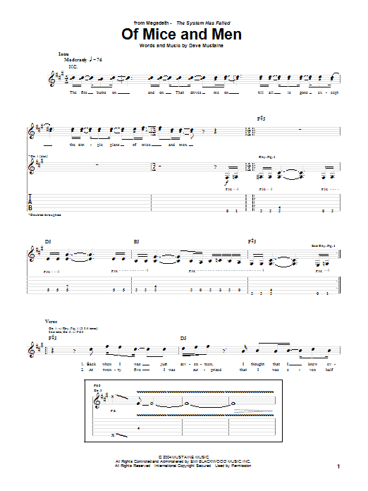 Megadeth Of Mice And Men Sheet Music Notes & Chords for Guitar Tab - Download or Print PDF