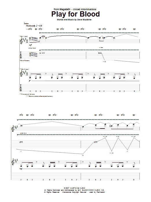 Megadeth Play For Blood Sheet Music Notes & Chords for Guitar Tab - Download or Print PDF
