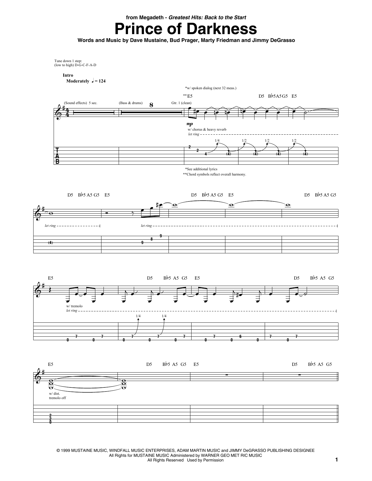 Megadeth Prince Of Darkness Sheet Music Notes & Chords for Guitar Tab - Download or Print PDF