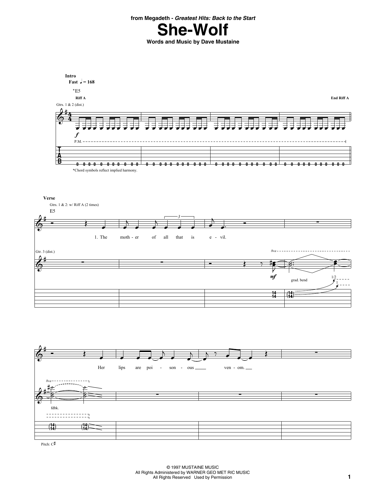 Megadeth She-Wolf Sheet Music Notes & Chords for Guitar Tab - Download or Print PDF