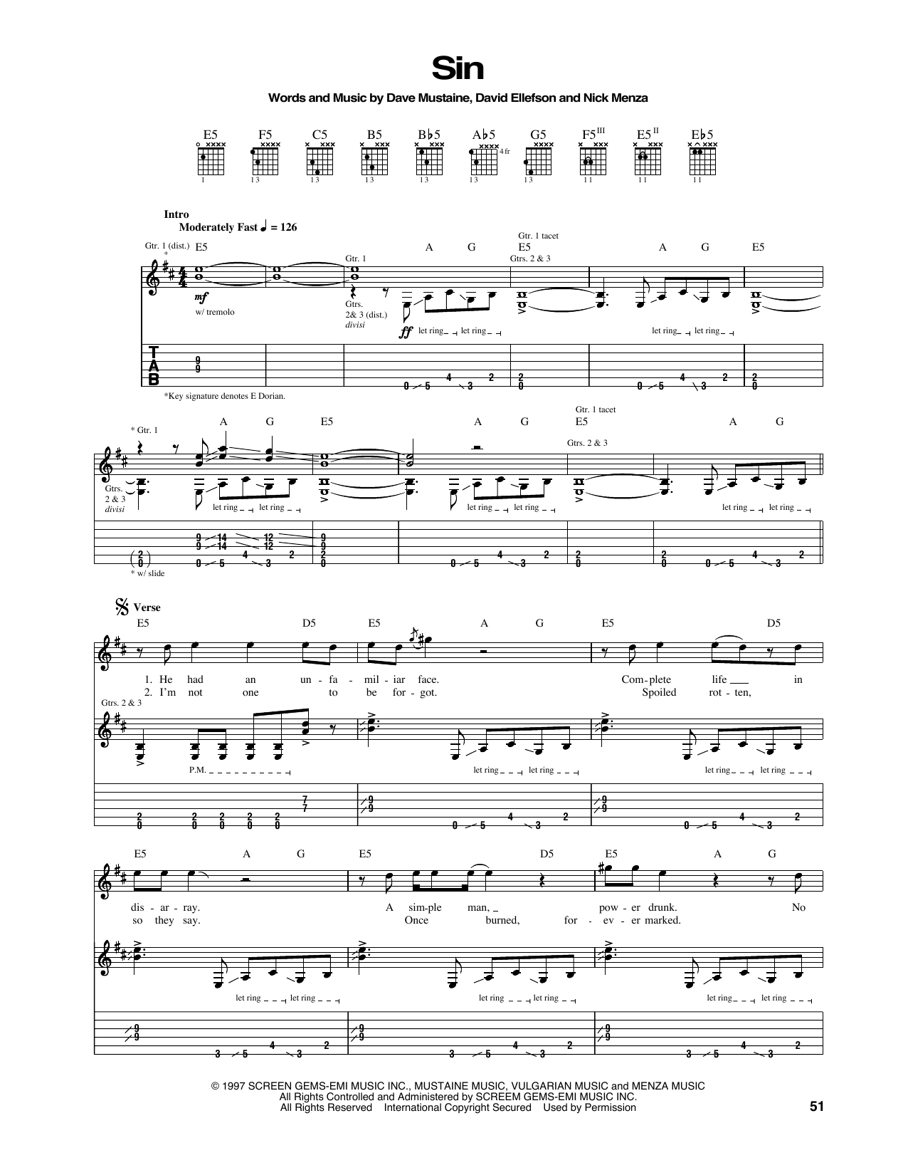 Megadeth Sin Sheet Music Notes & Chords for Guitar Tab - Download or Print PDF
