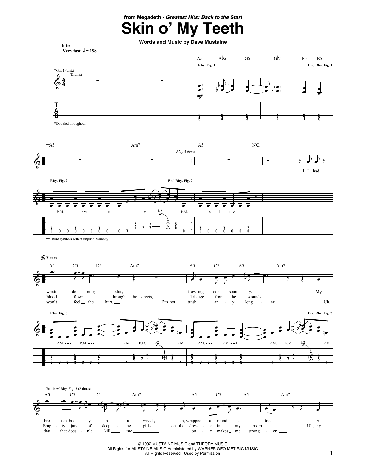 Megadeth Skin O' My Teeth Sheet Music Notes & Chords for Guitar Tab - Download or Print PDF