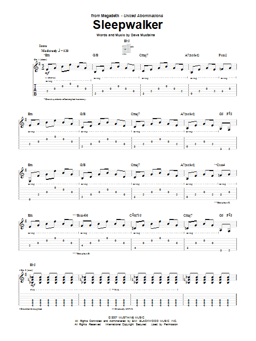 Megadeth Sleepwalker Sheet Music Notes & Chords for Bass Guitar Tab - Download or Print PDF