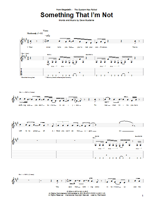 Megadeth Something I'm Not Sheet Music Notes & Chords for Guitar Tab - Download or Print PDF