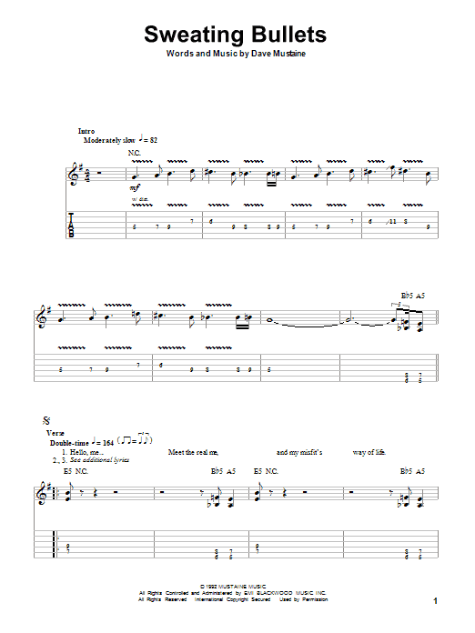 Megadeth Sweating Bullets Sheet Music Notes & Chords for Guitar Tab Play-Along - Download or Print PDF