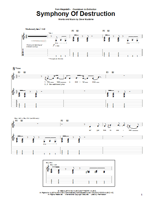 Megadeth Symphony Of Destruction Sheet Music Notes & Chords for Easy Guitar Tab - Download or Print PDF