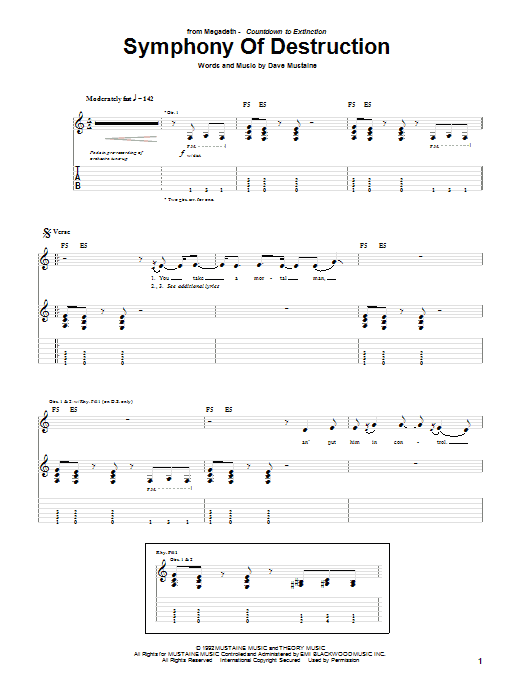 Megadeth Symphony Of Destruction Sheet Music Notes & Chords for Guitar Tab Play-Along - Download or Print PDF