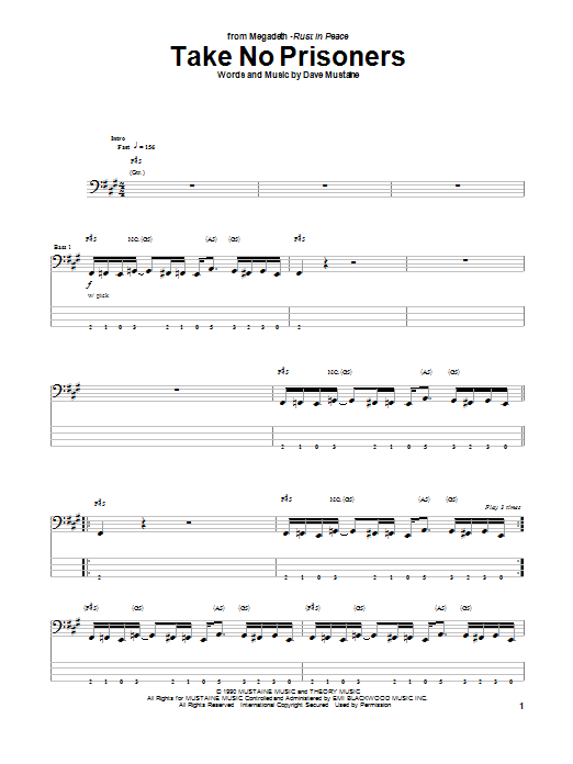 Megadeth Take No Prisoners Sheet Music Notes & Chords for Bass Guitar Tab - Download or Print PDF