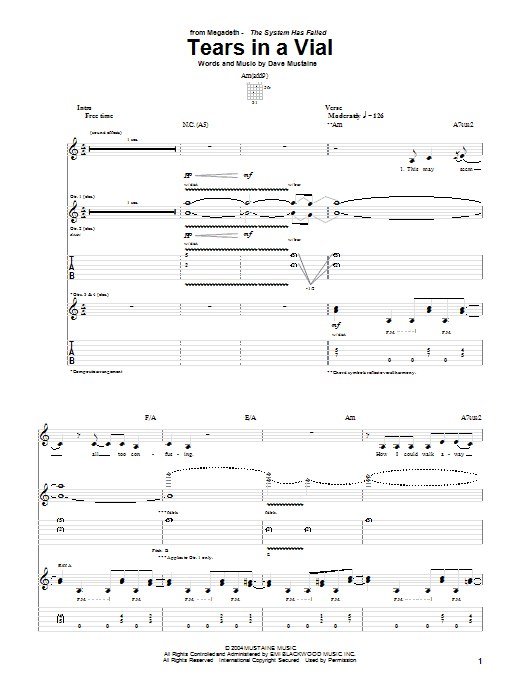 Megadeth Tears In A Vial Sheet Music Notes & Chords for Guitar Tab - Download or Print PDF