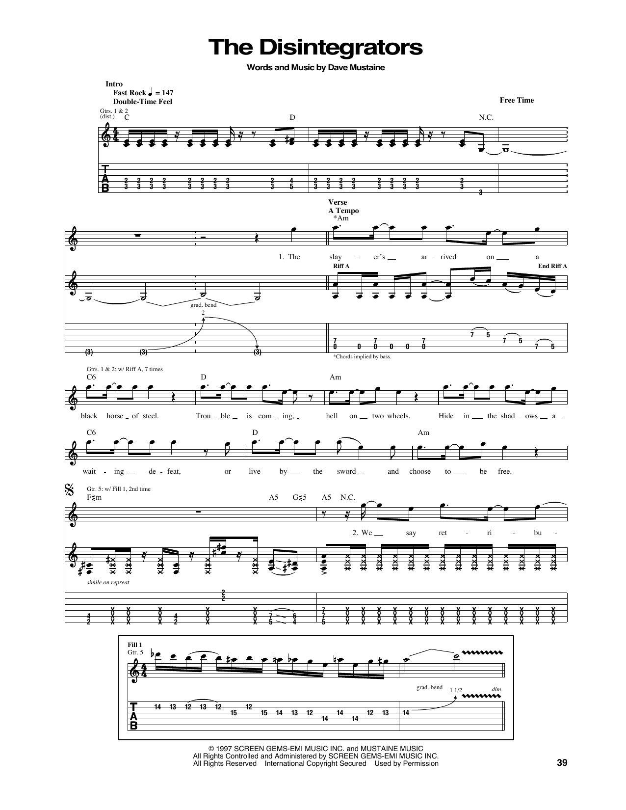 Megadeth The Disintegrators Sheet Music Notes & Chords for Guitar Tab - Download or Print PDF