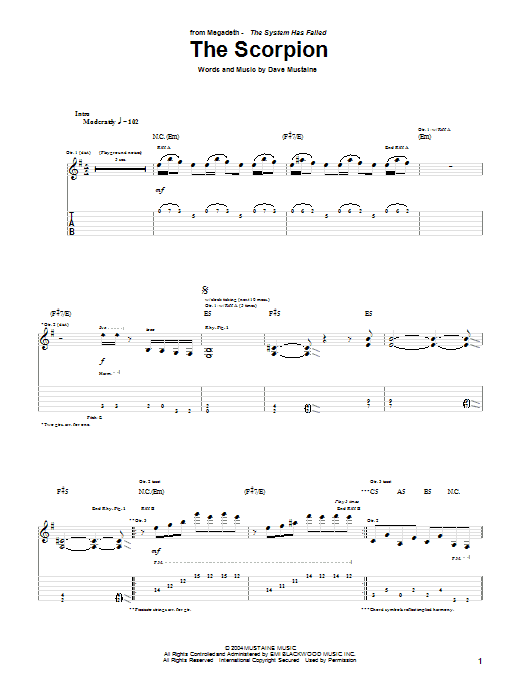 Megadeth The Scorpion Sheet Music Notes & Chords for Guitar Tab - Download or Print PDF