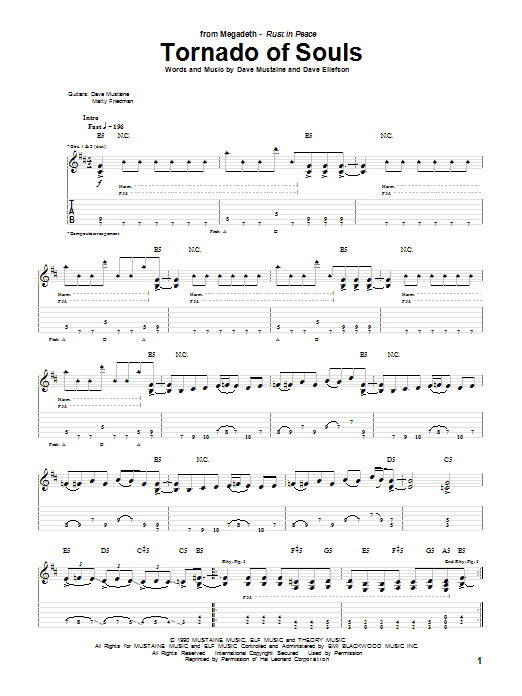 Megadeth Tornado Of Souls Sheet Music Notes & Chords for Bass Guitar Tab - Download or Print PDF