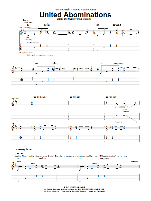 Megadeth United Abominations Sheet Music Notes & Chords for Guitar Tab - Download or Print PDF