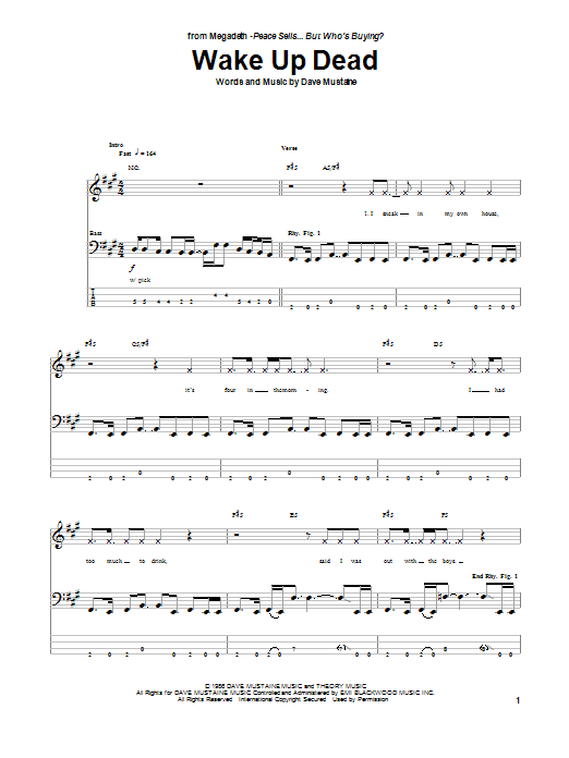 Megadeth Wake Up Dead Sheet Music Notes & Chords for Bass Guitar Tab - Download or Print PDF