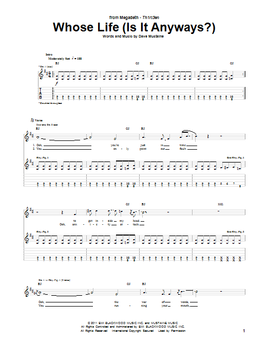 Megadeth Whose Life (Is It Anyways?) Sheet Music Notes & Chords for Guitar Tab - Download or Print PDF