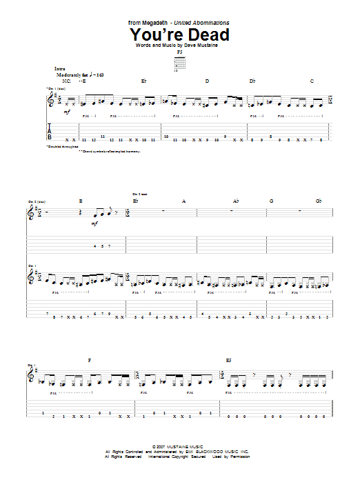 Megadeth You're Dead Sheet Music Notes & Chords for Guitar Tab - Download or Print PDF