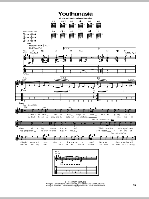 Megadeth Youthanasia Sheet Music Notes & Chords for Bass Guitar Tab - Download or Print PDF