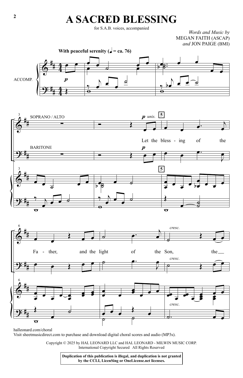 Megan Faith and Jon Paige A Sacred Blessing Sheet Music Notes & Chords for SAB Choir - Download or Print PDF