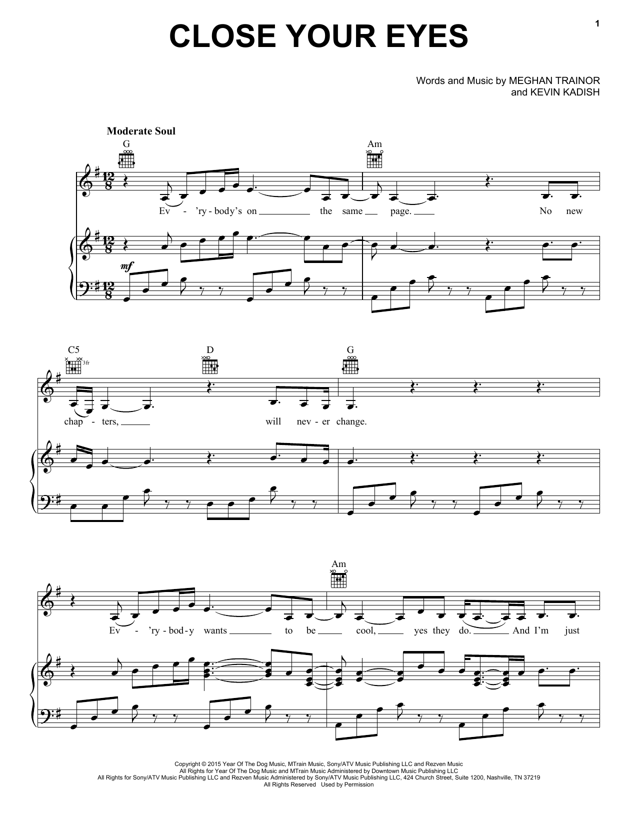 Meghan Trainor Close Your Eyes Sheet Music Notes & Chords for Piano, Vocal & Guitar (Right-Hand Melody) - Download or Print PDF