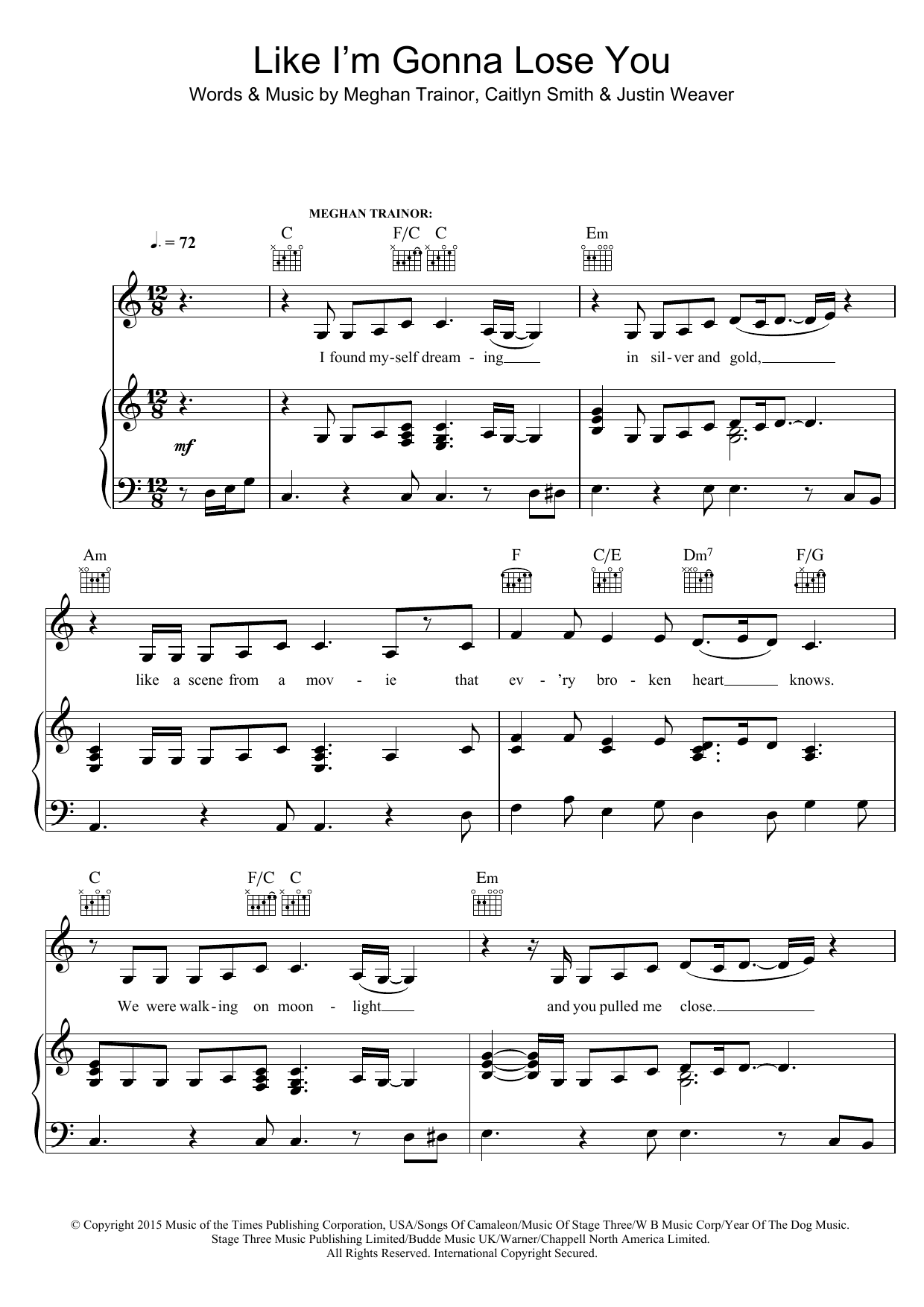 Meghan Trainor Like I'm Gonna Lose You (featuring John Legend) Sheet Music Notes & Chords for Piano, Vocal & Guitar (Right-Hand Melody) - Download or Print PDF