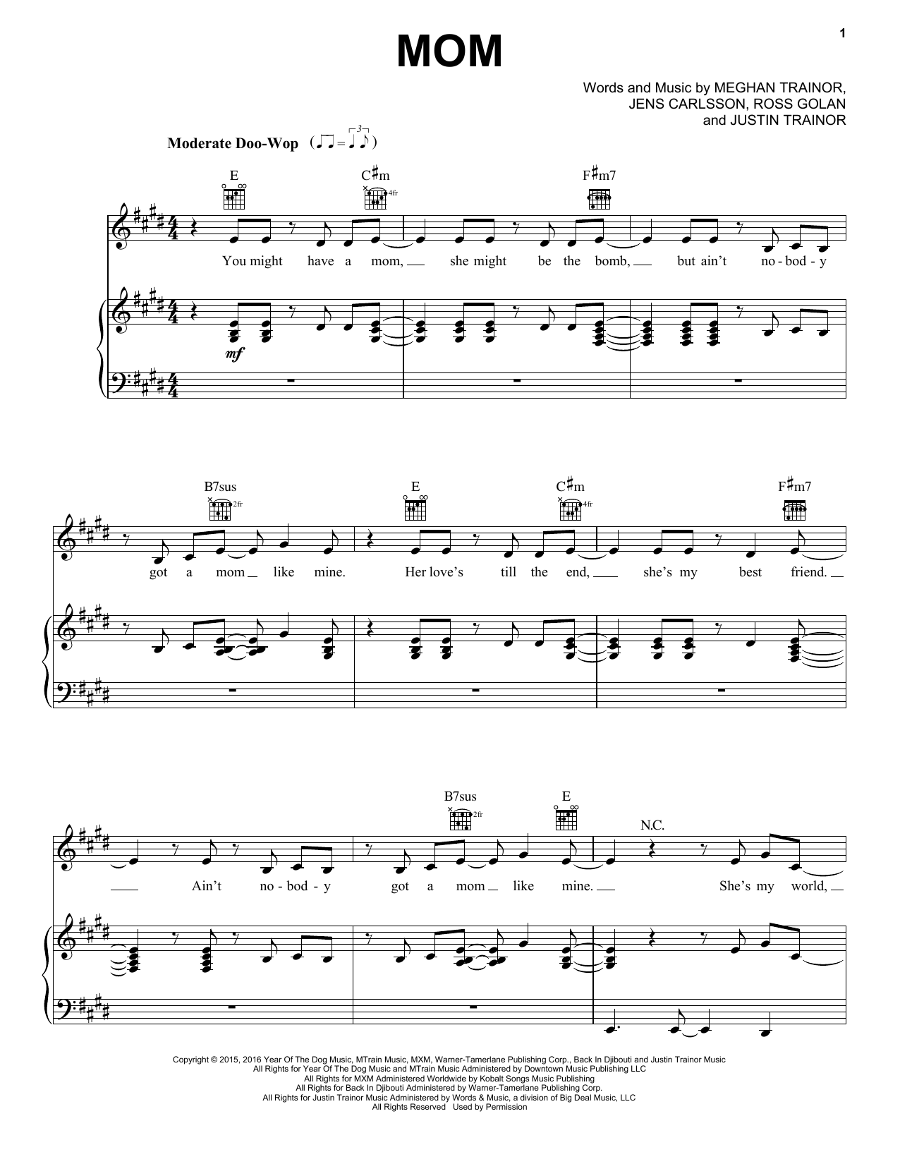 Meghan Trainor Mom (feat. Kelli Trainor) Sheet Music Notes & Chords for Piano, Vocal & Guitar (Right-Hand Melody) - Download or Print PDF