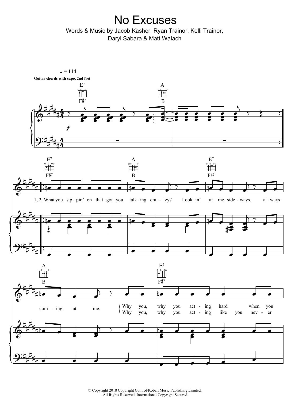 Meghan Trainor No Excuses Sheet Music Notes & Chords for Piano, Vocal & Guitar (Right-Hand Melody) - Download or Print PDF
