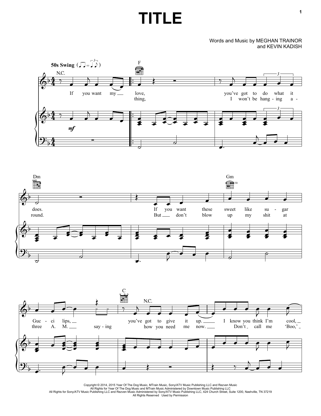 Meghan Trainor Title Sheet Music Notes & Chords for Piano, Vocal & Guitar (Right-Hand Melody) - Download or Print PDF