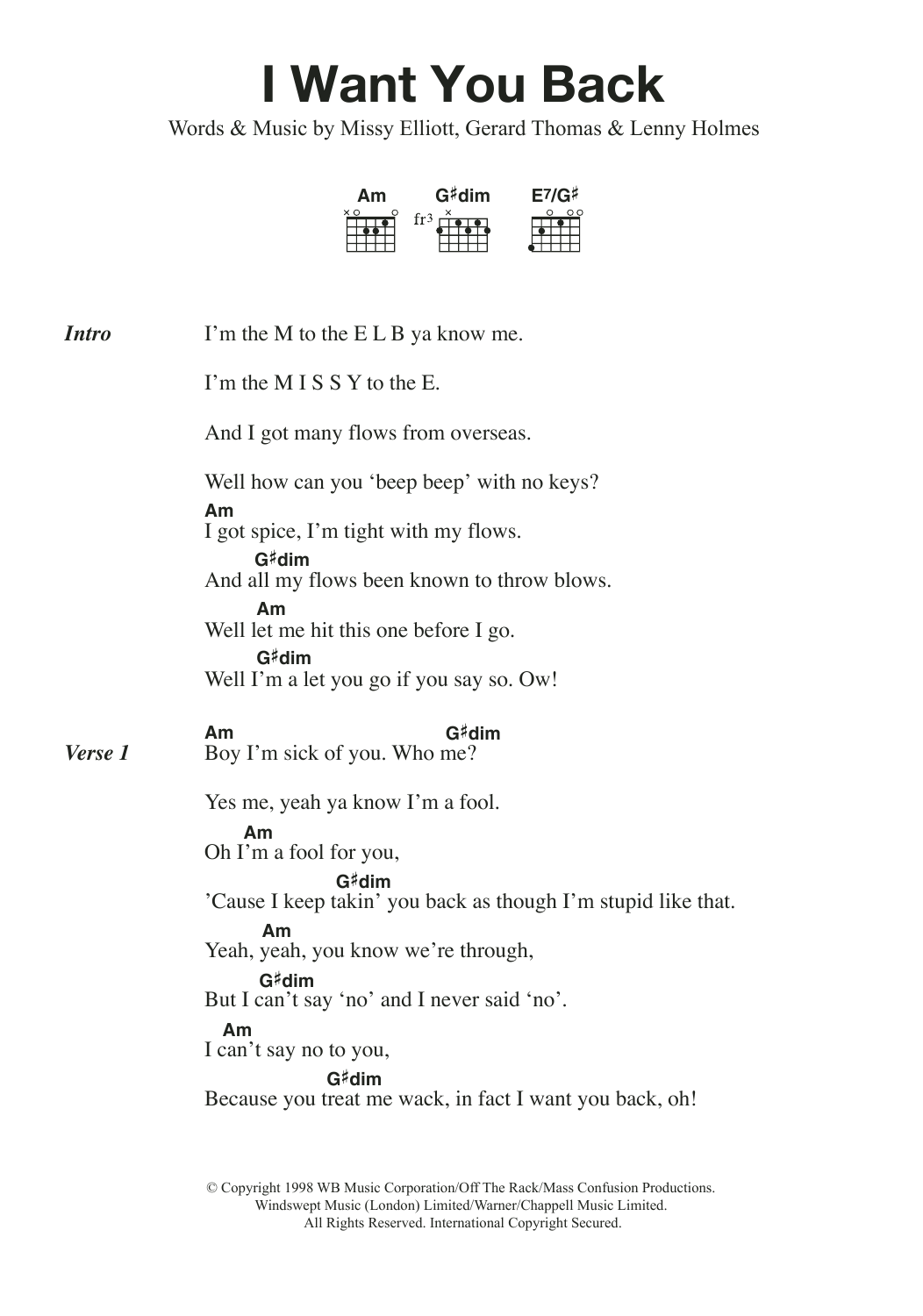 Mel B I Want You Back (feat. Missy Elliott) Sheet Music Notes & Chords for Lyrics & Chords - Download or Print PDF