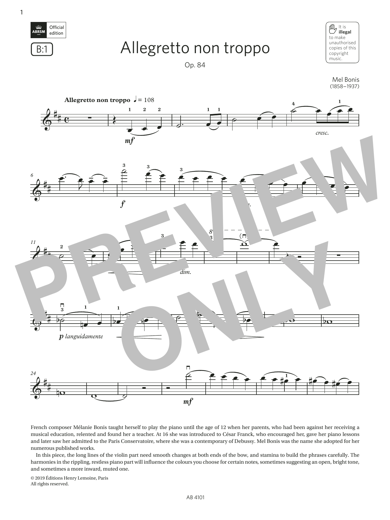 Mel Bonis Allegretto non troppo (Grade 7, B1, from the ABRSM Violin Syllabus from 2024) Sheet Music Notes & Chords for Violin Solo - Download or Print PDF