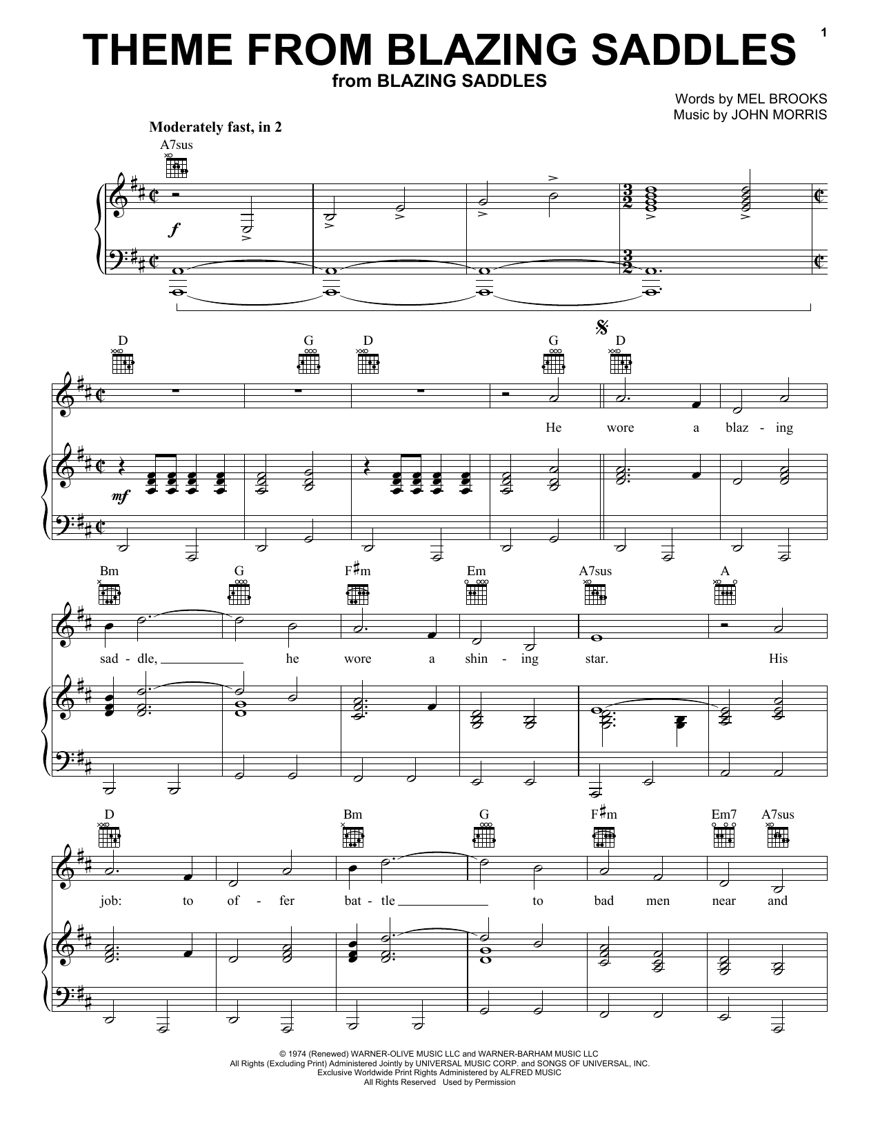 Mel Brooks and John Morris Theme From Blazing Saddles Sheet Music Notes & Chords for Piano, Vocal & Guitar Chords (Right-Hand Melody) - Download or Print PDF