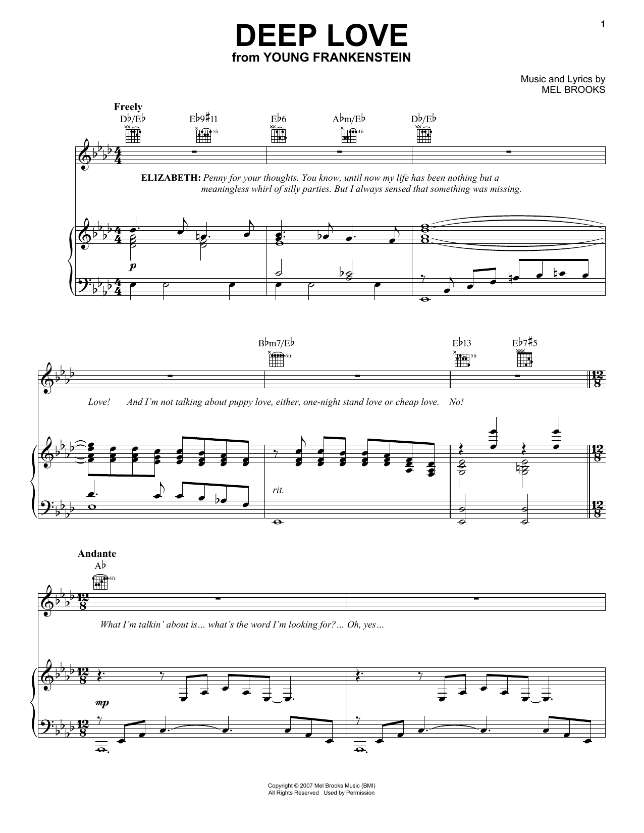 Mel Brooks Deep Love Sheet Music Notes & Chords for Piano, Vocal & Guitar (Right-Hand Melody) - Download or Print PDF