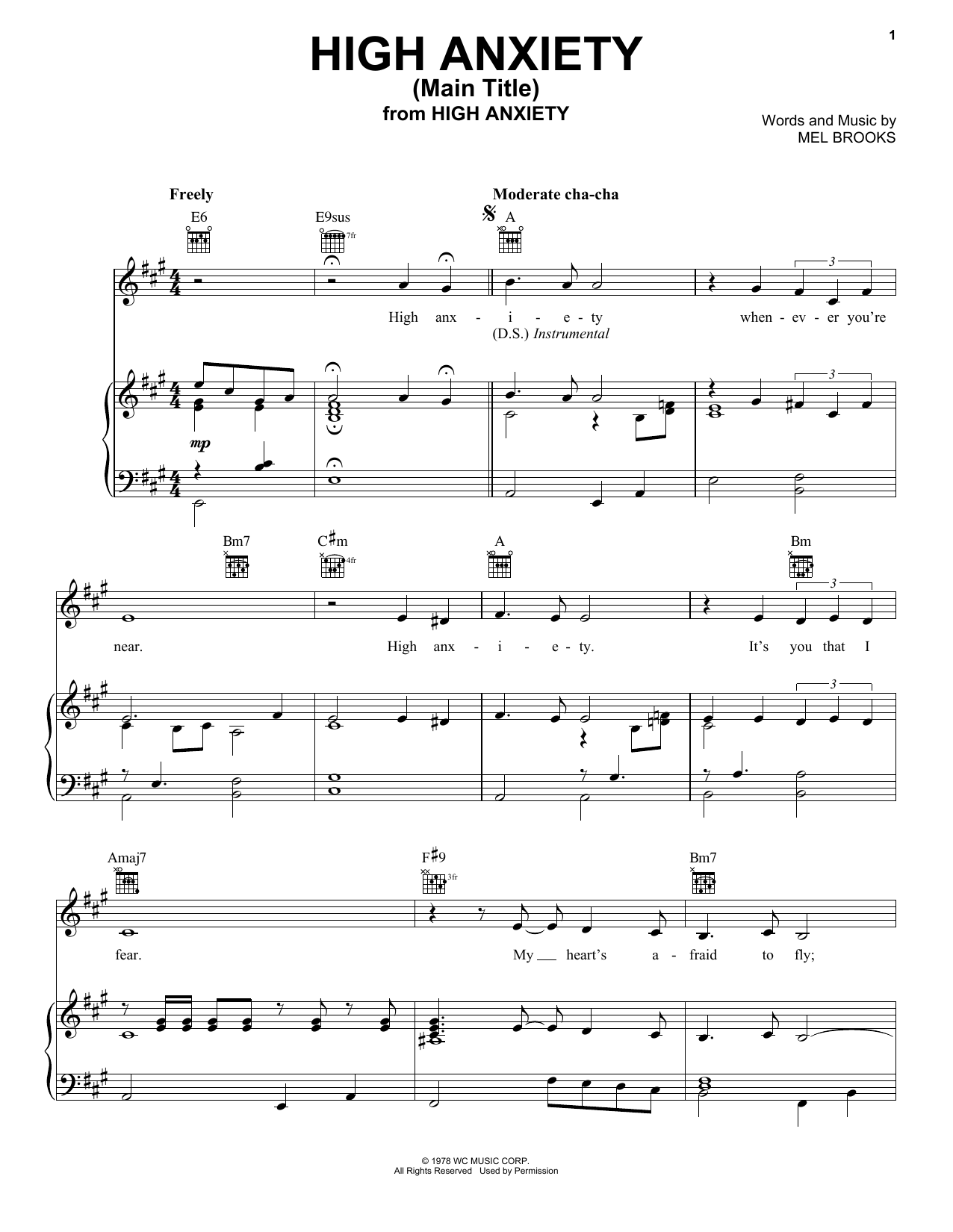 Mel Brooks High Anxiety (Main Title) (from High Anxiety) Sheet Music Notes & Chords for Piano, Vocal & Guitar (Right-Hand Melody) - Download or Print PDF