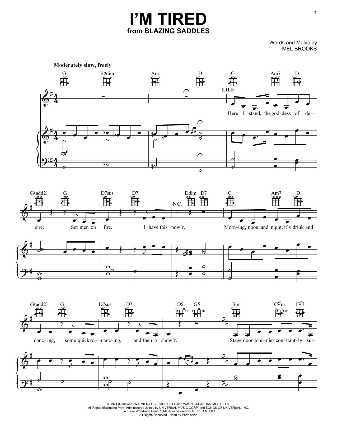 Mel Brooks I'm Tired (from Blazing Saddles) Sheet Music Notes & Chords for Piano, Vocal & Guitar Chords (Right-Hand Melody) - Download or Print PDF