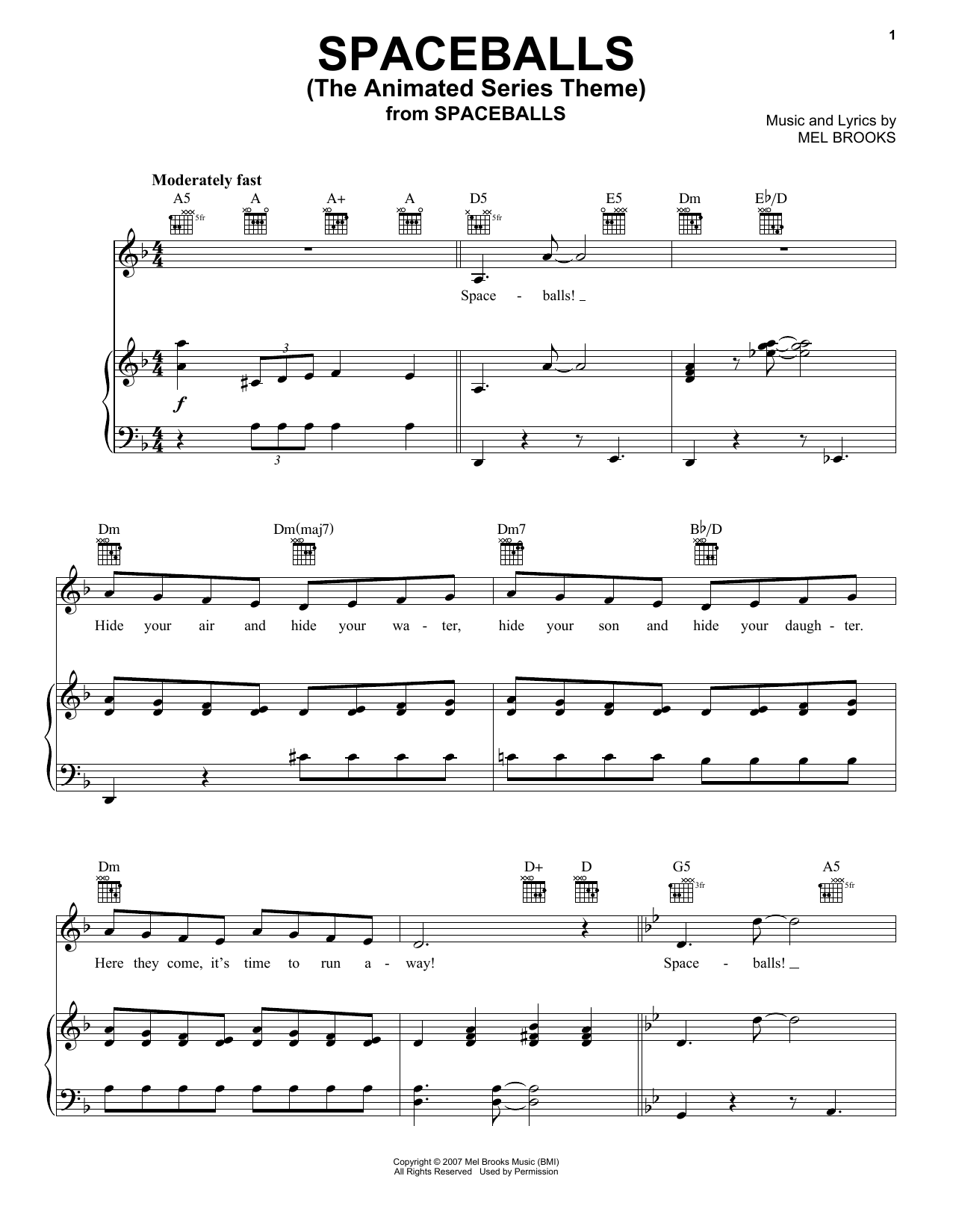 Mel Brooks Spaceballs (The Animated Series Theme) (from Spaceballs) Sheet Music Notes & Chords for Piano, Vocal & Guitar (Right-Hand Melody) - Download or Print PDF